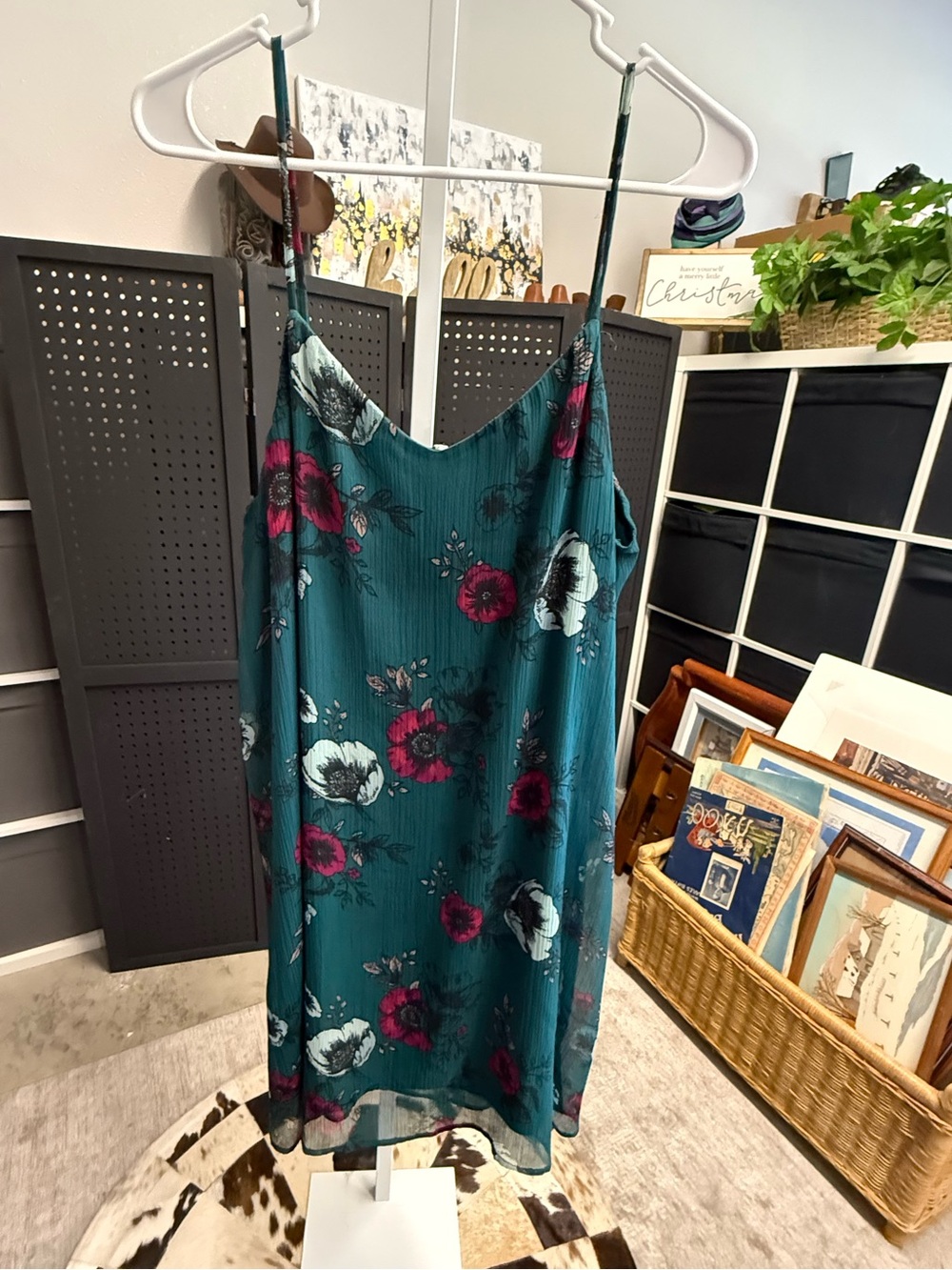 Mudd Y2KTeal Floral Slip Dress with Pink & White Blooms